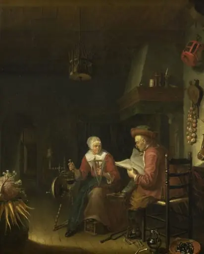Interior with a man reading and a woman spinning yarn