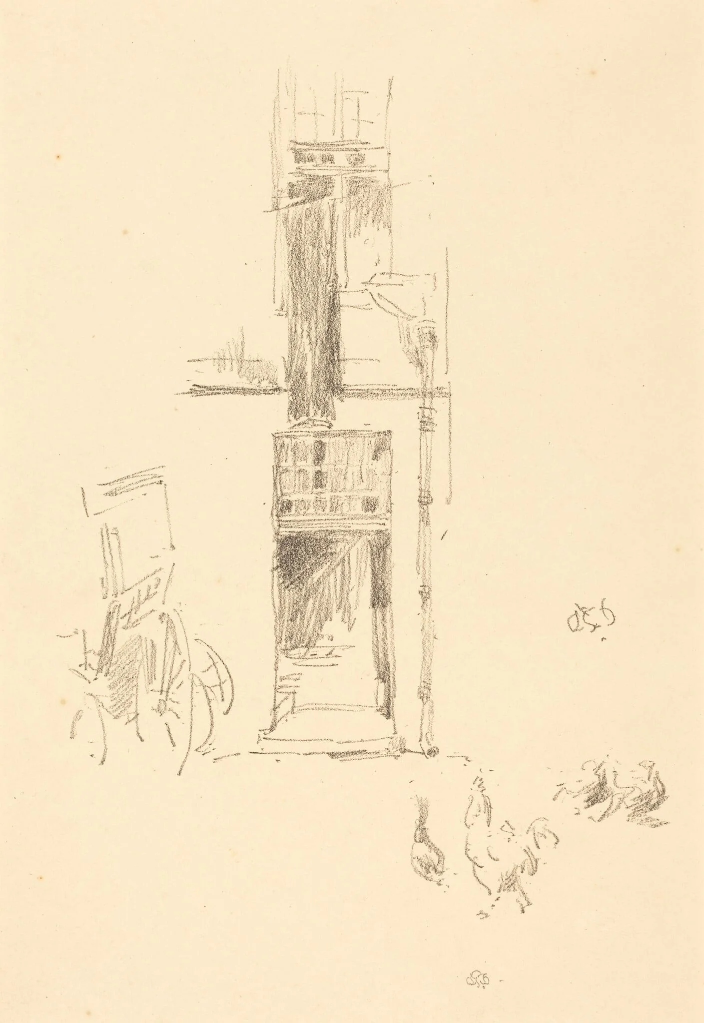Cocks and Hens, Hôtel Colbert, by James McNeill Whistler, ink, 1891