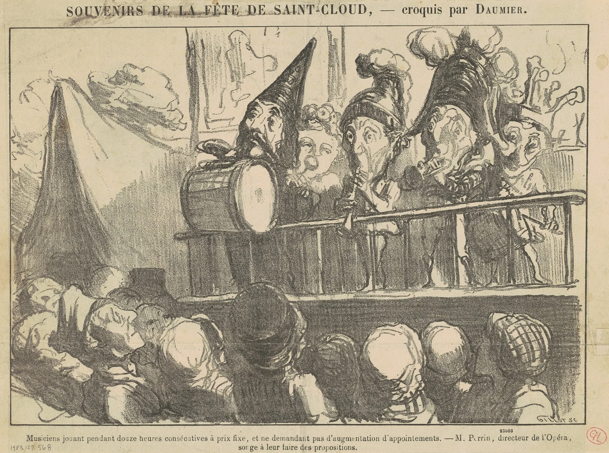 Musiciens jouant pendant douze heures ..., by Honoré Daumier, ink, 1865