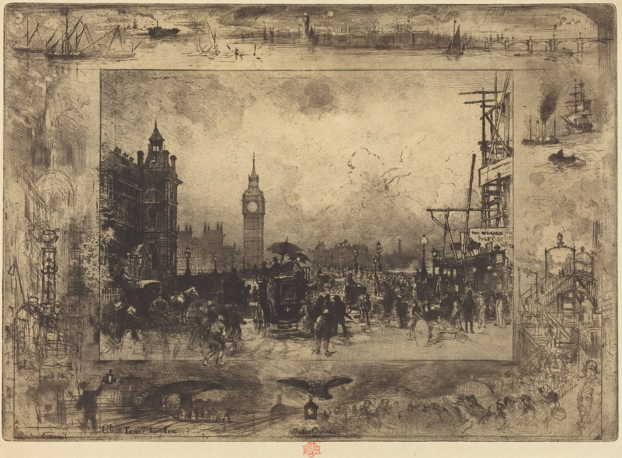Westminster Bridge, by Félix-Hilaire Buhot, ink, 1884