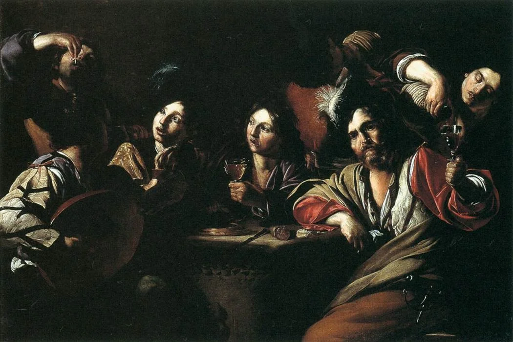 Tavern Scene with a Lute Player, by Bartolomeo Manfredi, oil, 1621