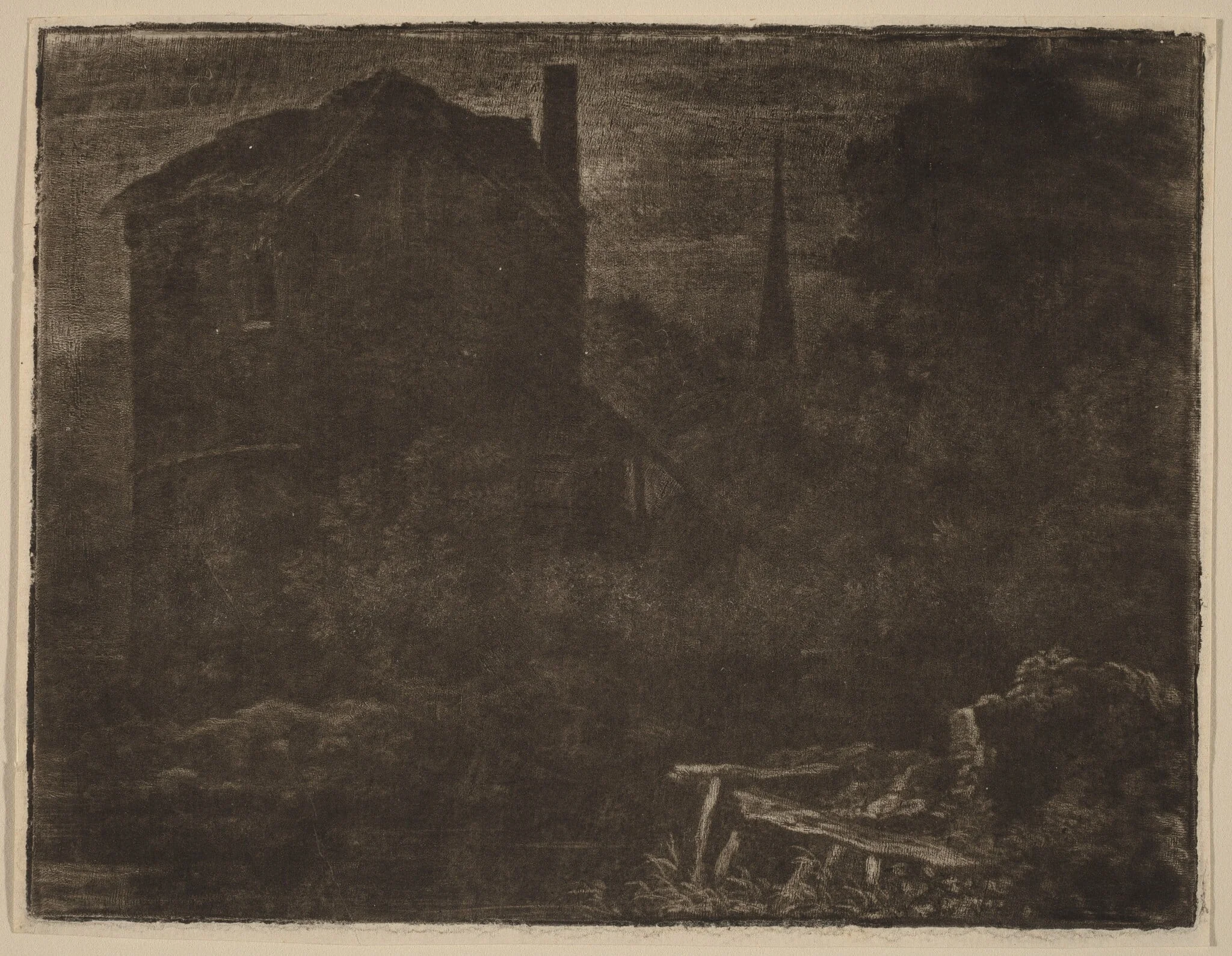 Nocturnal Landscape with House and Church Spire, by Allart van Everdingen, ink, 1660