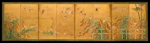 伝狩野山楽筆　粟に小禽図屏風|Autumn Millet and Small Birds