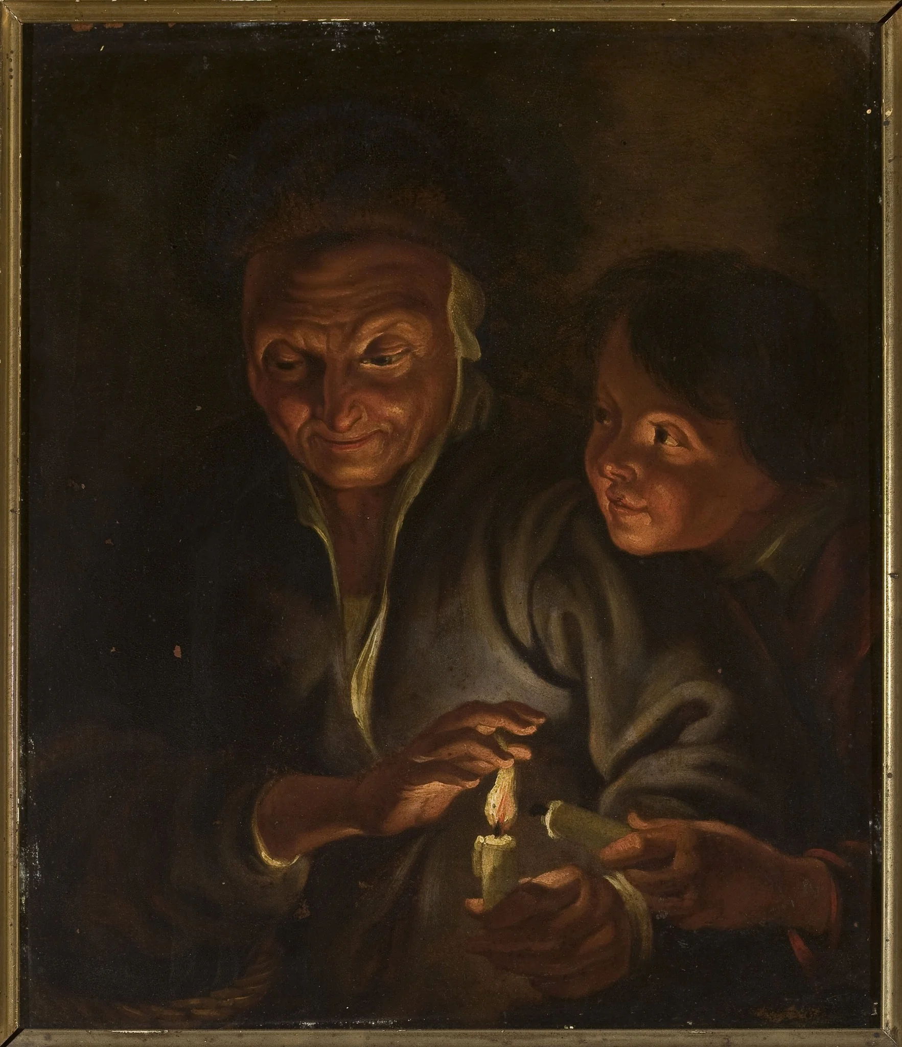 Old woman and a boy with a candle, by Unknown, unspecified