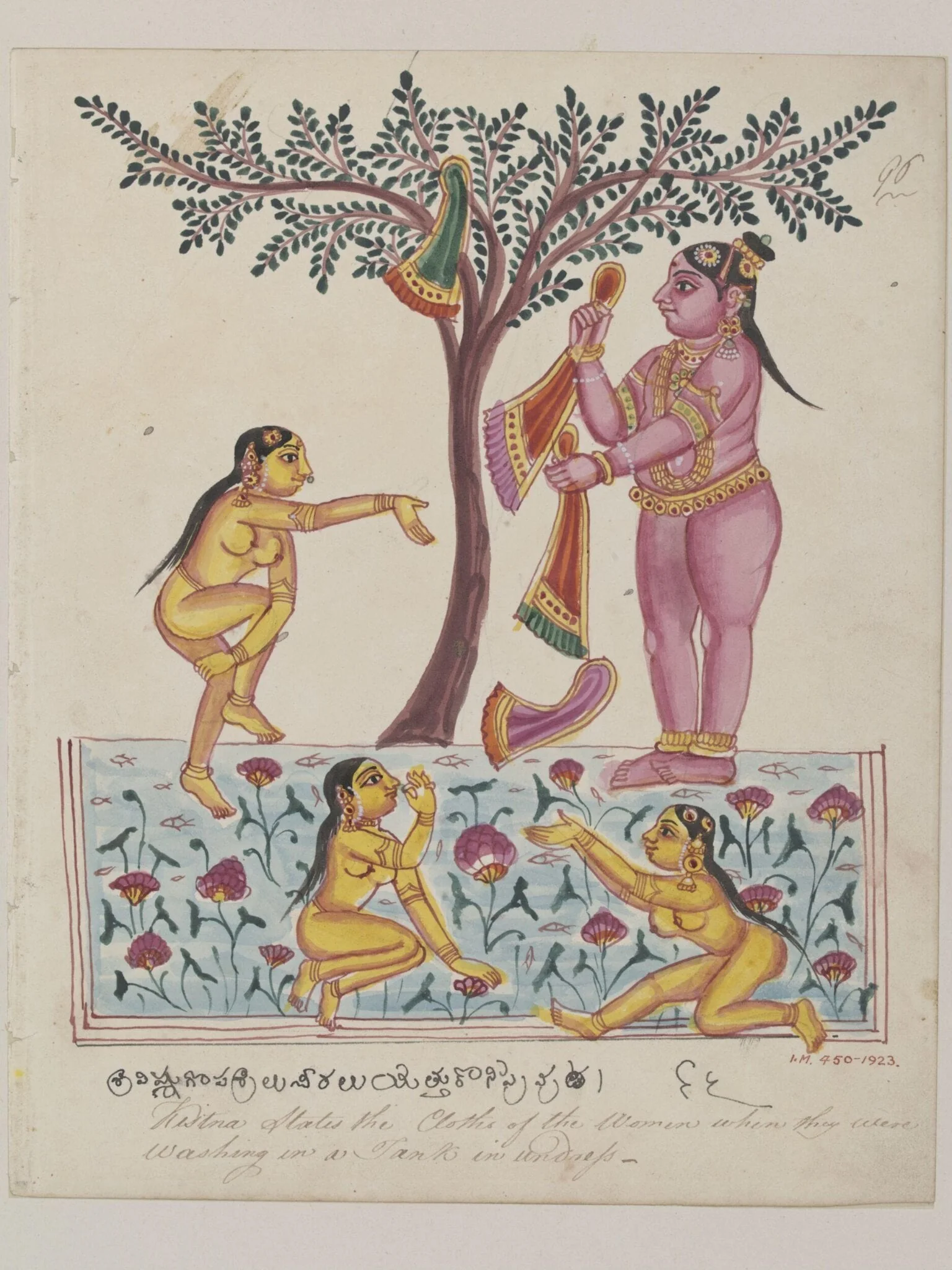 Krishna steals the gopis' clothes, by Unknown, paint, 1825