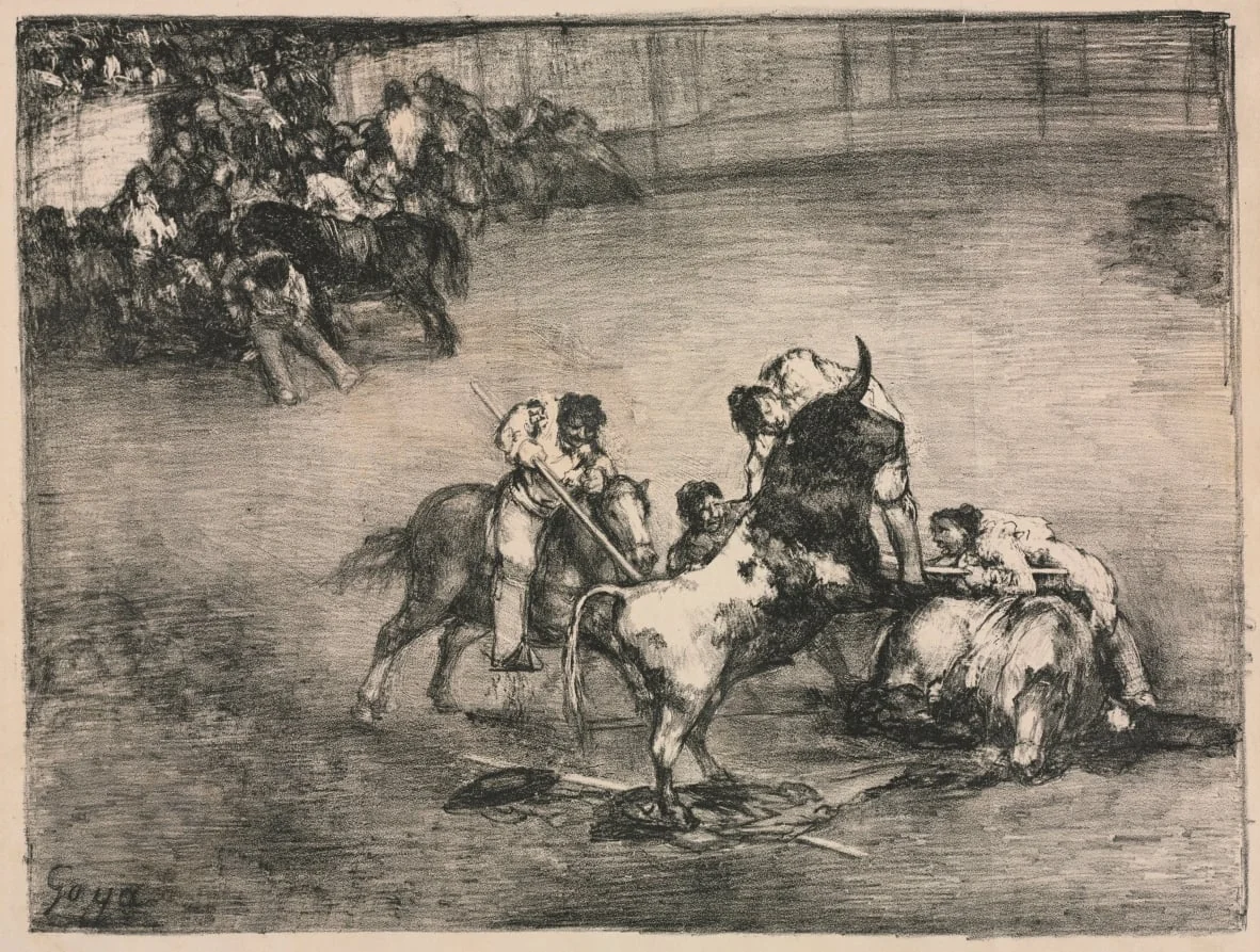 The Bulls of Bordeaux:  Picador Caught by a Bull, by Francisco Goya, 1825