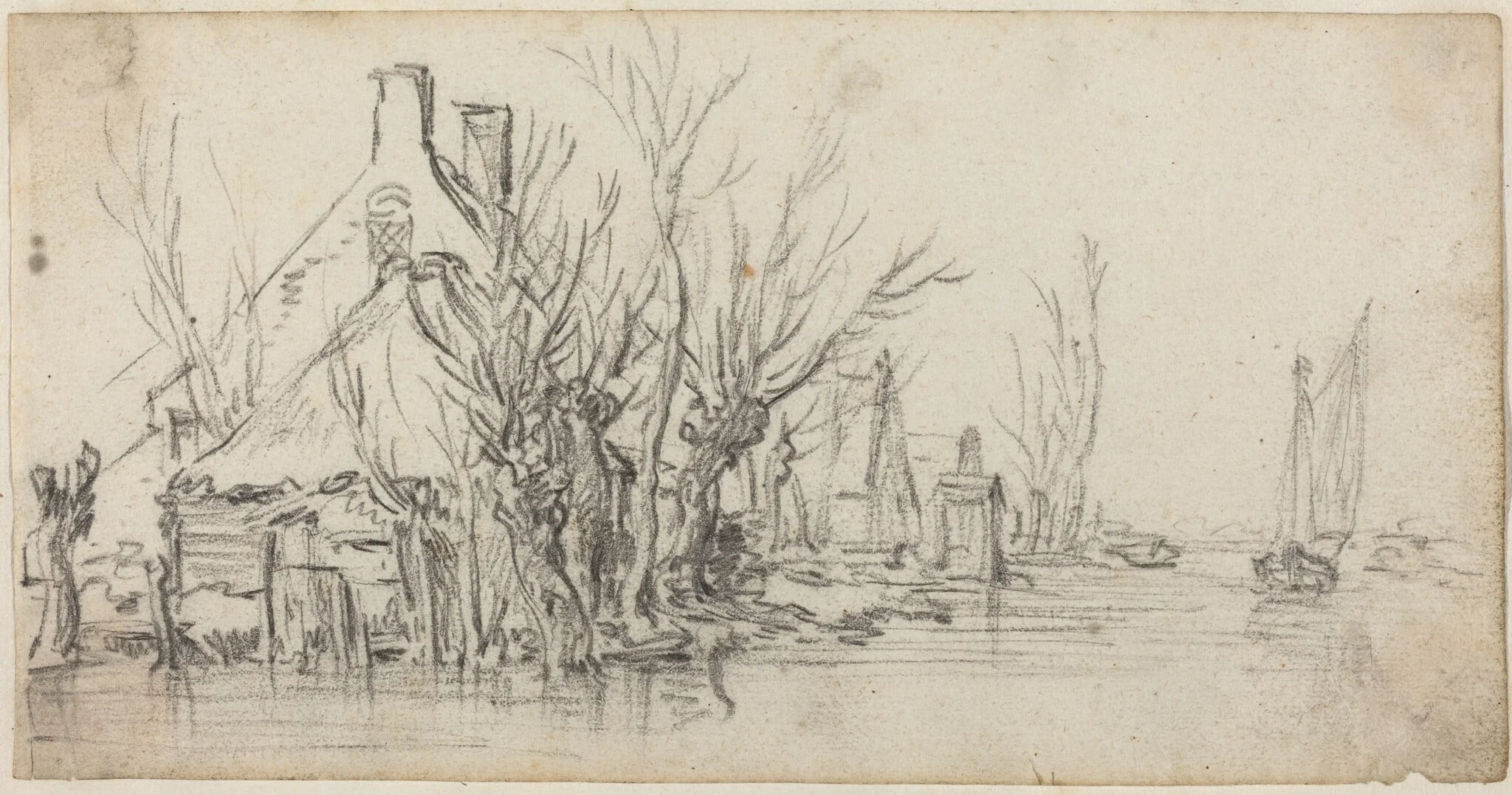 Cottages by a River, by Jan van Goyen, chalk, 1628