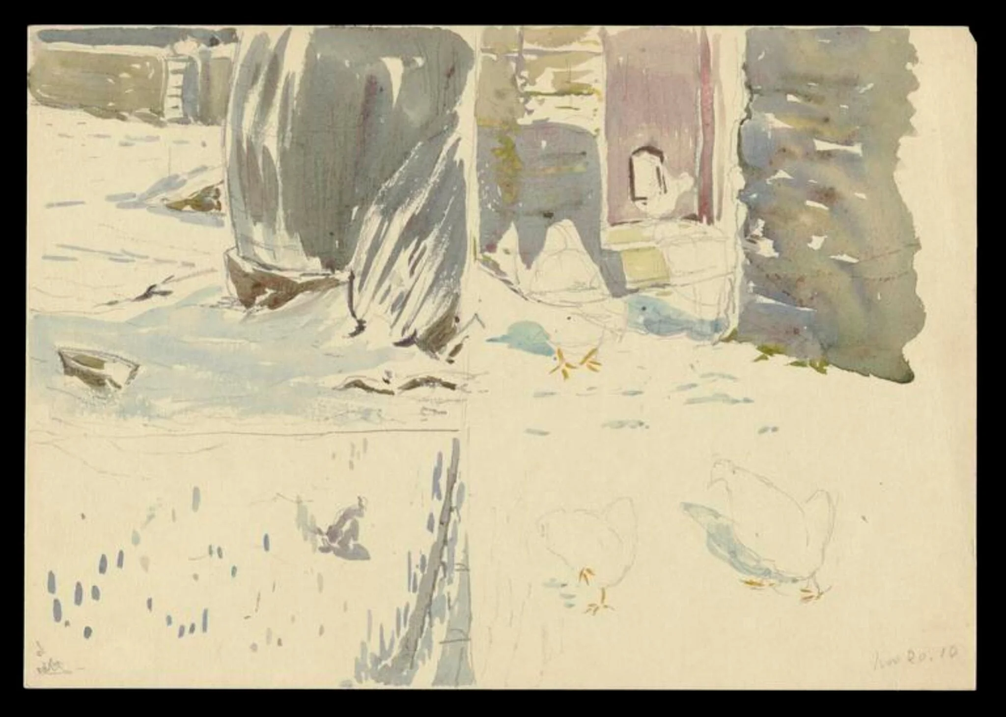 Snowy scenes: waterbutt in the snow; chickens in snow near doorway; chicken in snow, by Beatrix Potter, watercolor, 1910