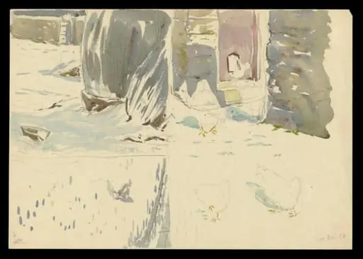 Snowy scenes: waterbutt in the snow; chickens in snow near doorway; chicken in snow