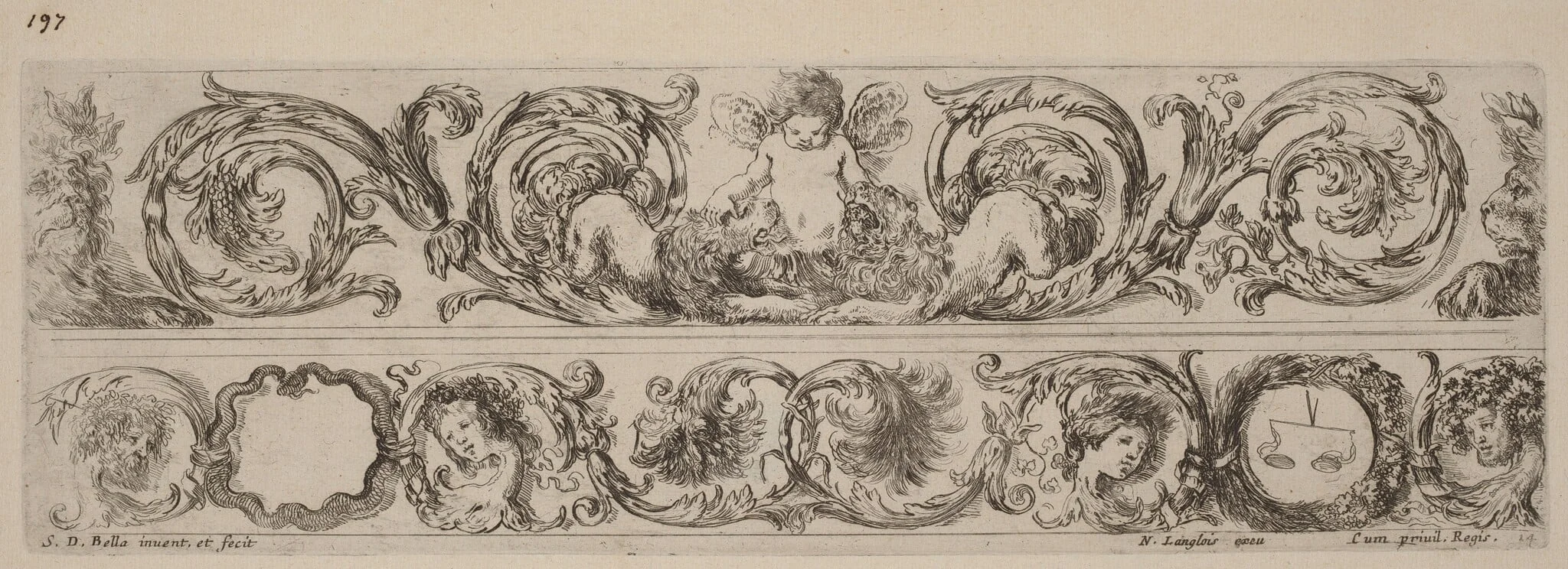 Two Ornamental Bands with Cupid and Heads of the Four Seasons, by Stefano Della Bella, ink, 1648