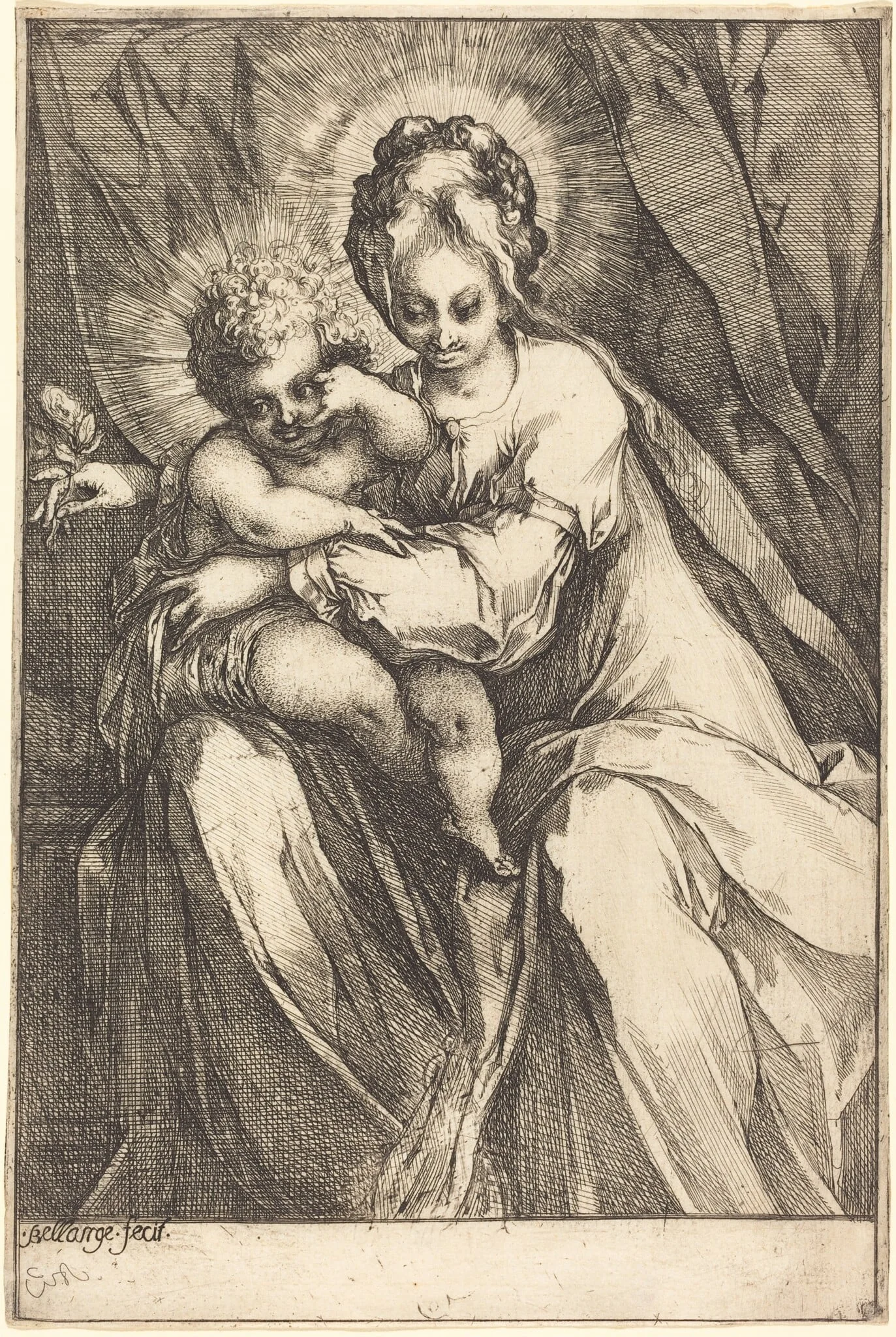 The Virgin and Child with a Rose, by Jacques Bellange, ink, 1616