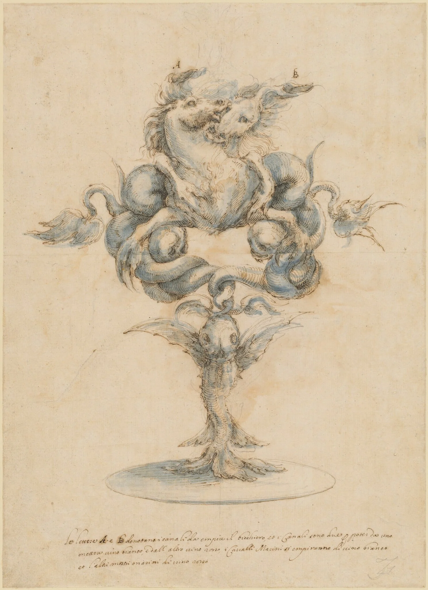 A Wine Decanter with Two Fighting Sea Horses, by Master of the Medici Banquet Decanters, ink, 1660