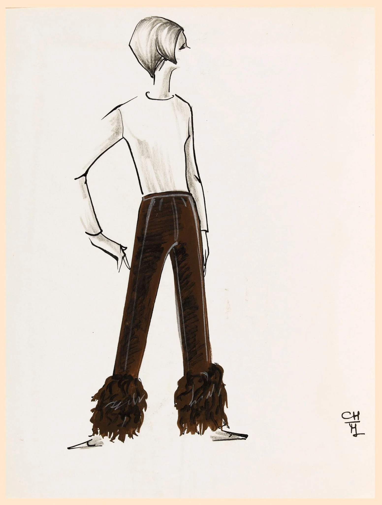Pantalon marron avec fourrure de la même couleur au bas de la jambe, by Marie-Louise Carven, 1963