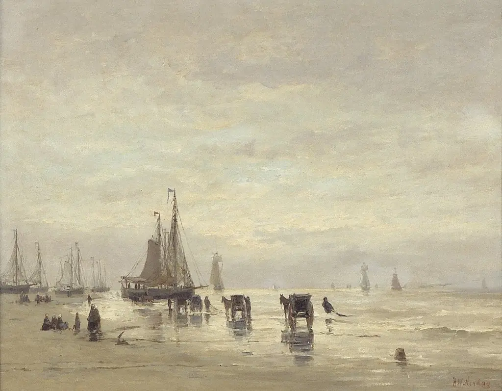 Beach with Boats and Seashell Hunters