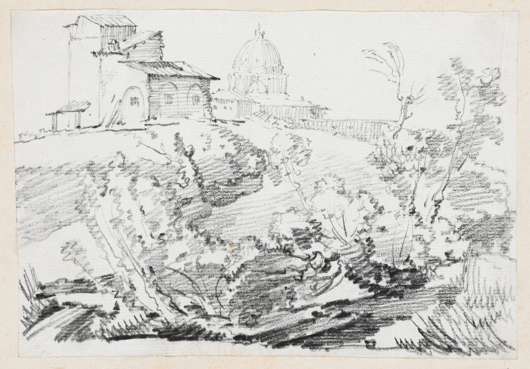 A Building on a Hill with Saint Peter's in the Distance, by Joseph-Marie Vien, graphite, 1747