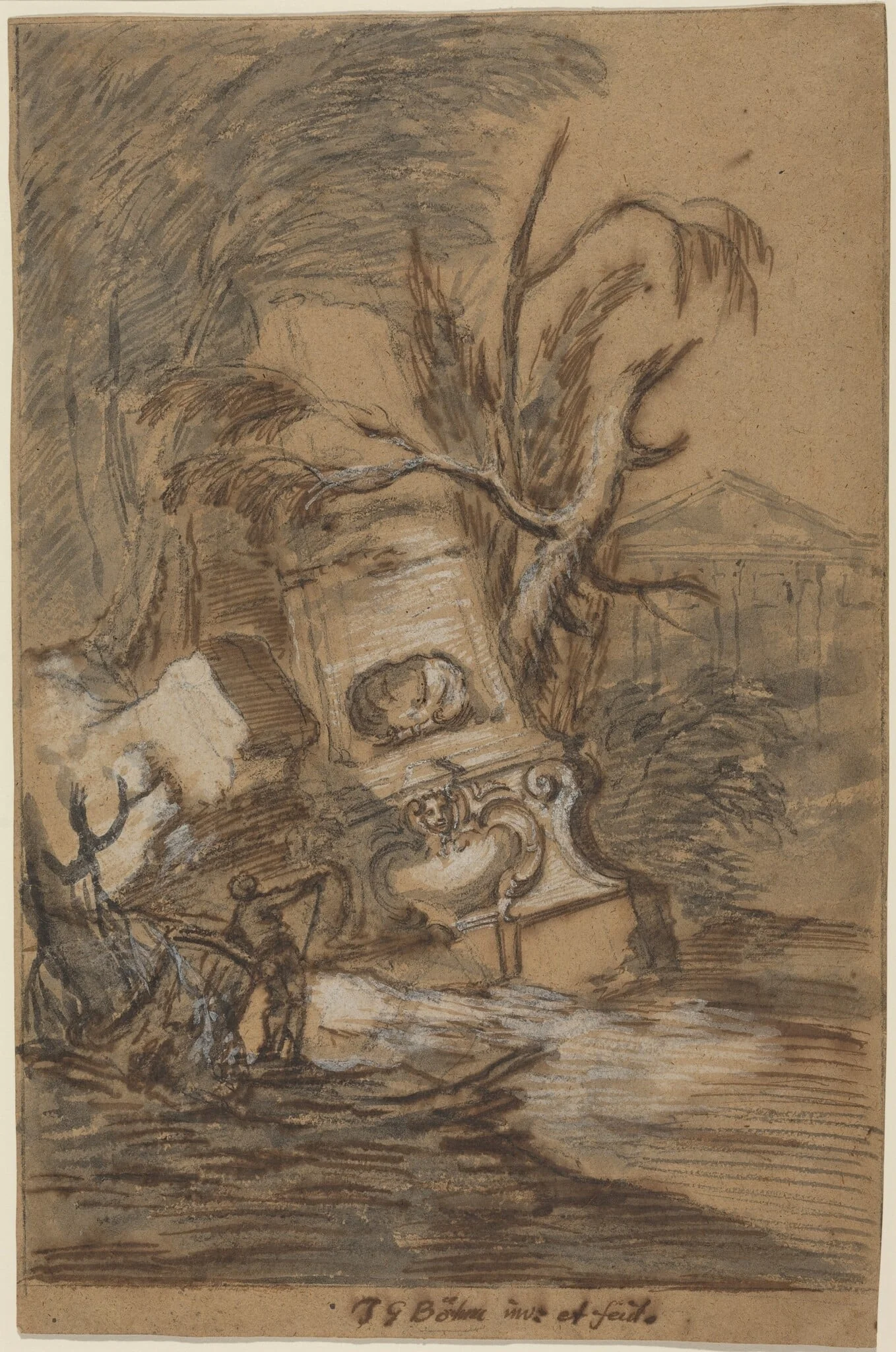 Capriccio with Antique Ruins, by Johann George Böhm, ink, 1734