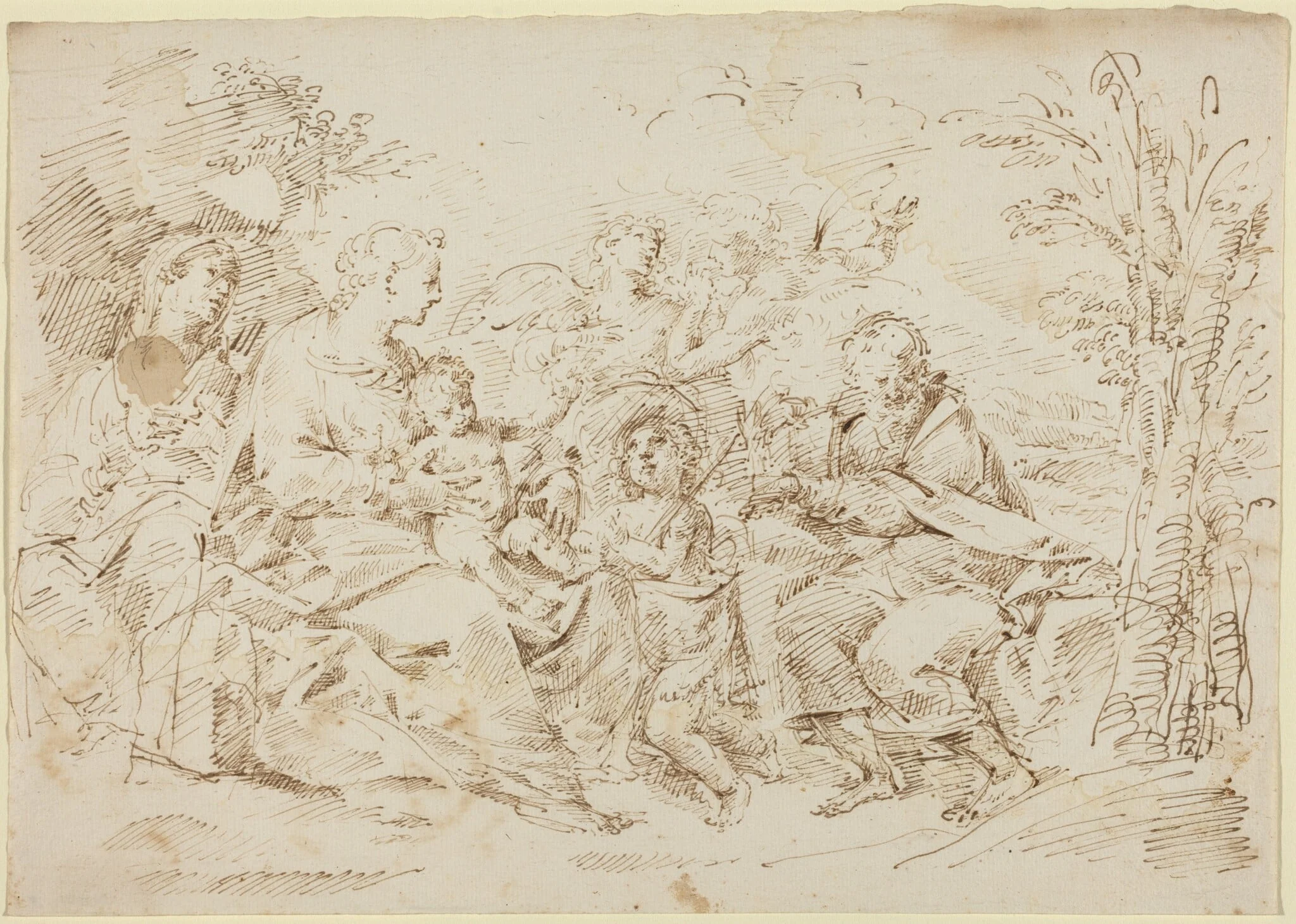 Holy Family with St. Elizabeth, St. John the Baptist, and Two Angels in a Landscape, by Donato Creti, ink, 1710