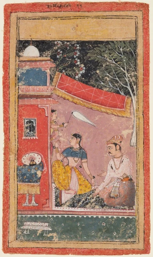 Lovers on a Terrace: Ramakali Ragini of Hindol, from a Bundi Ragamala, by Unknown, unspecified, 1610