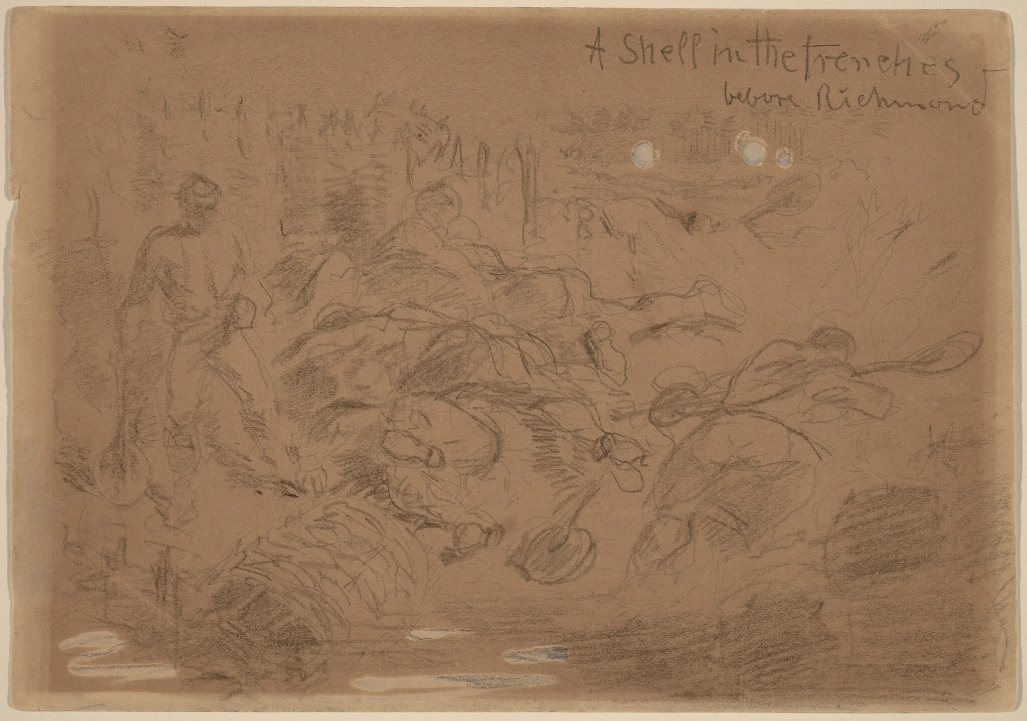A Shell in the Trenches before Richmond [recto], by Winslow Homer, charcoal, 1862