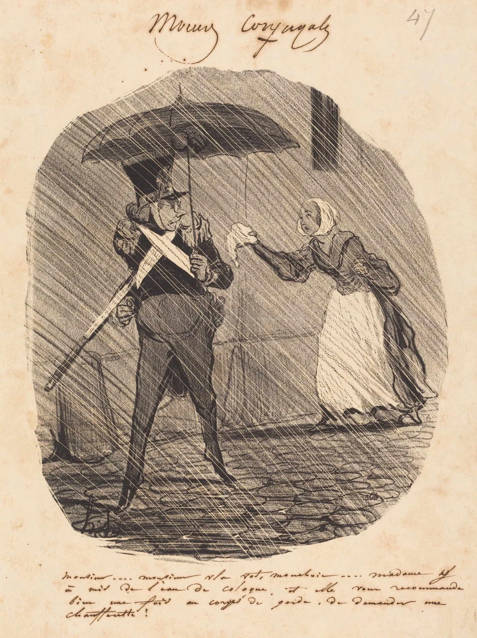 Monsieur... Monsieur, v'la vot' mouchoir, by Honoré Daumier, ink, 1842