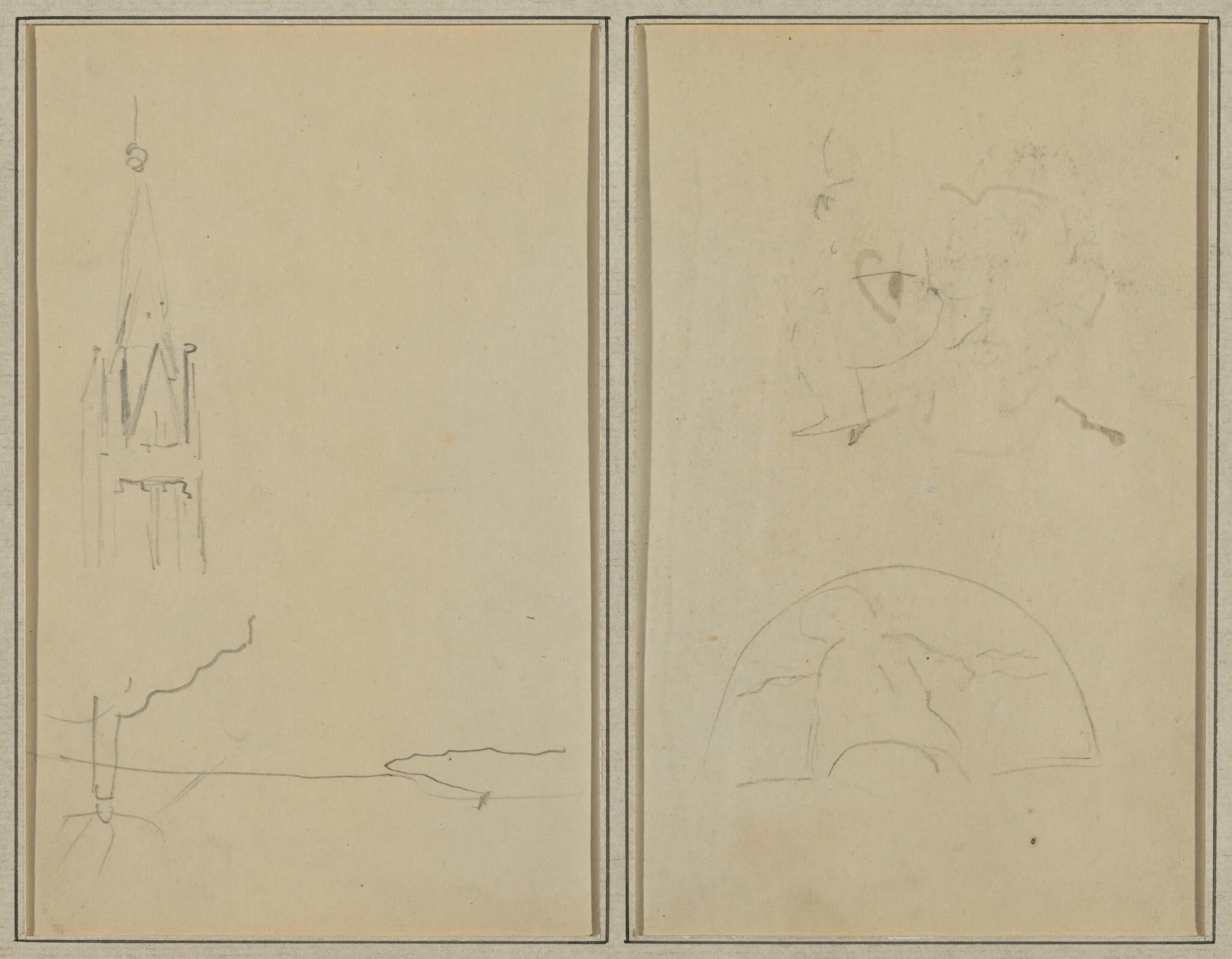 Church Tower; A Sketch of a Fan [recto], by Paul Gauguin, graphite, 1886
