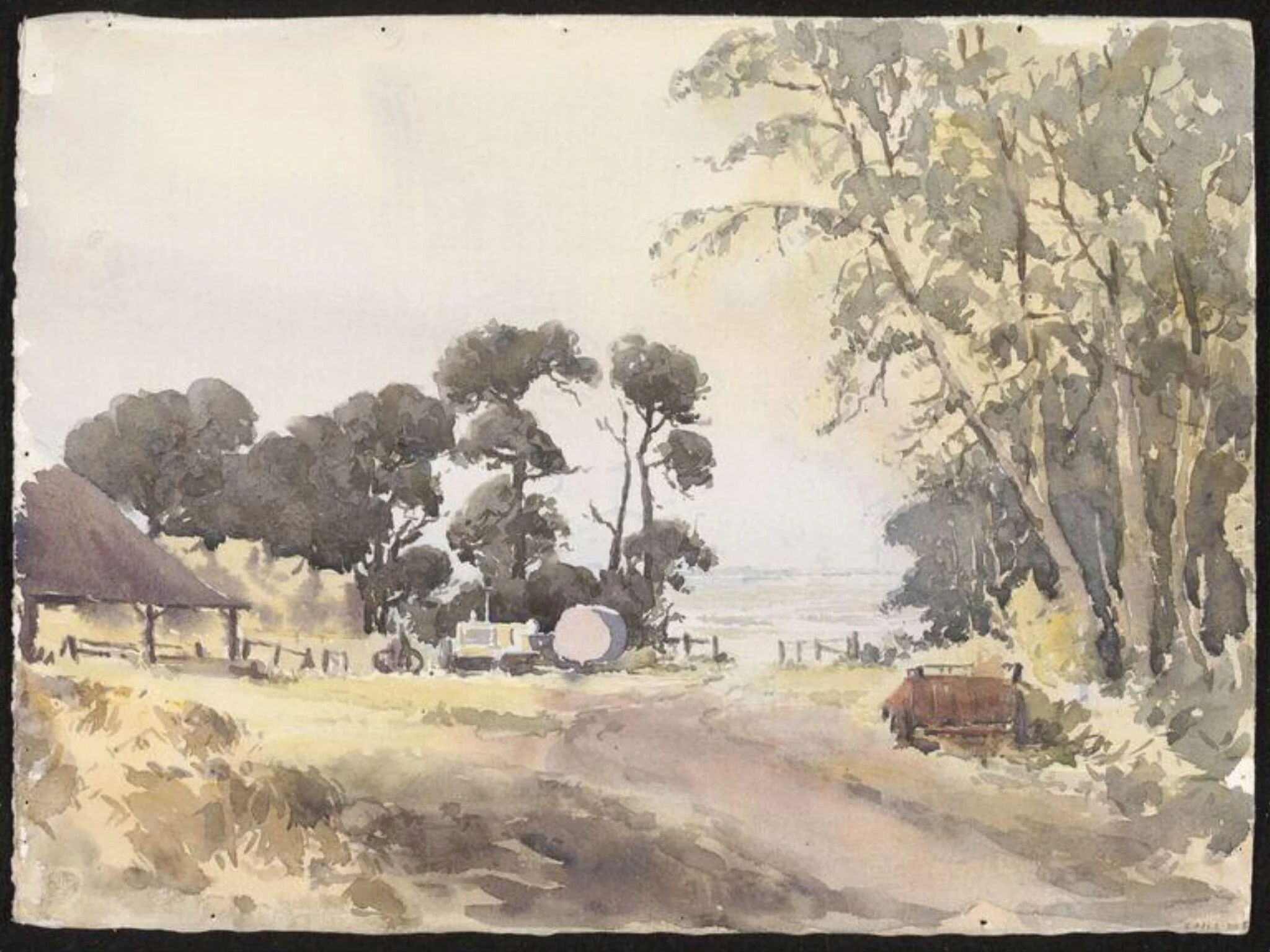 'A track on the edge of a wood' and 'Study of trees', by Audrey Penn, watercolor, 1975