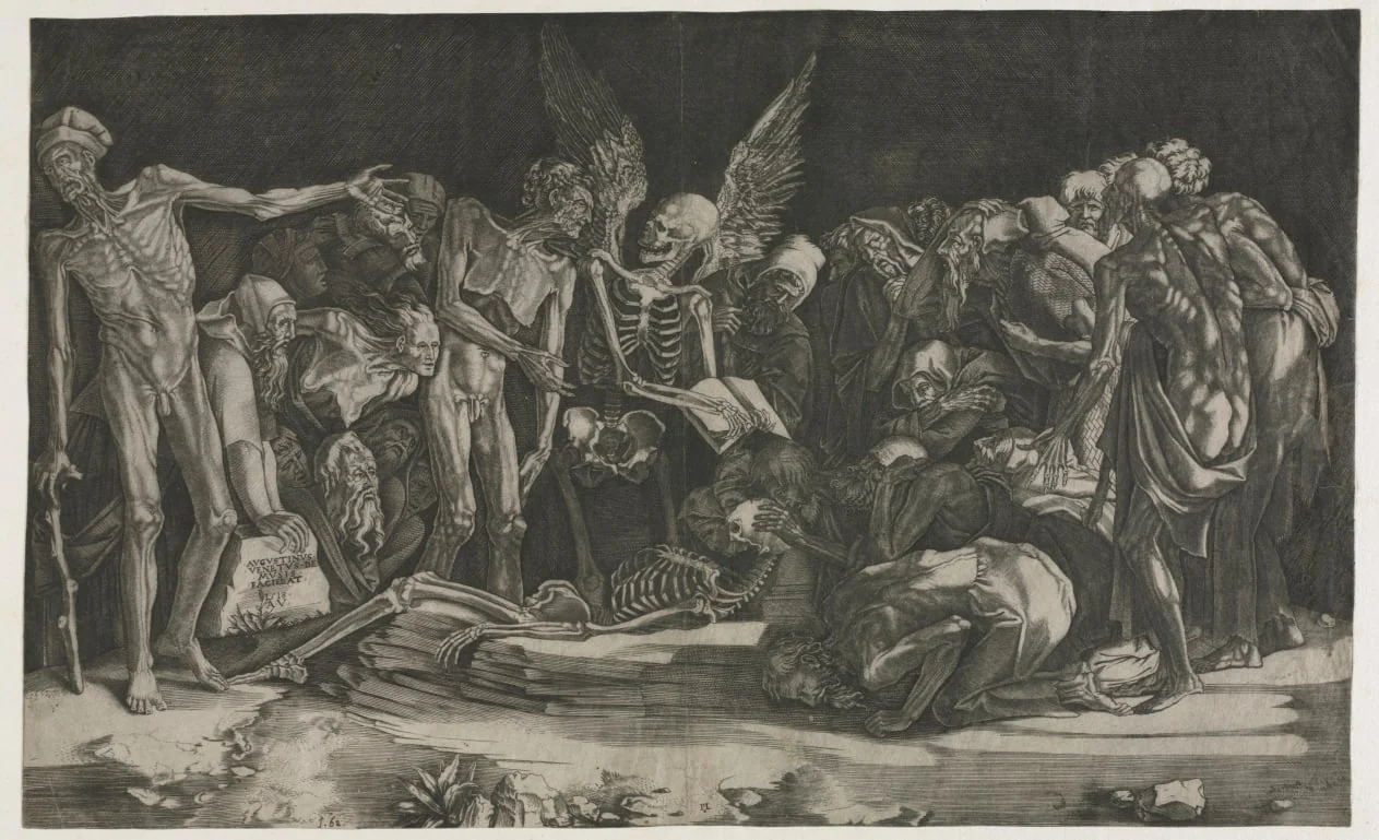 Skeletons, also known as Allegory of Death and Fame, by Agostino dei Musi, 1518