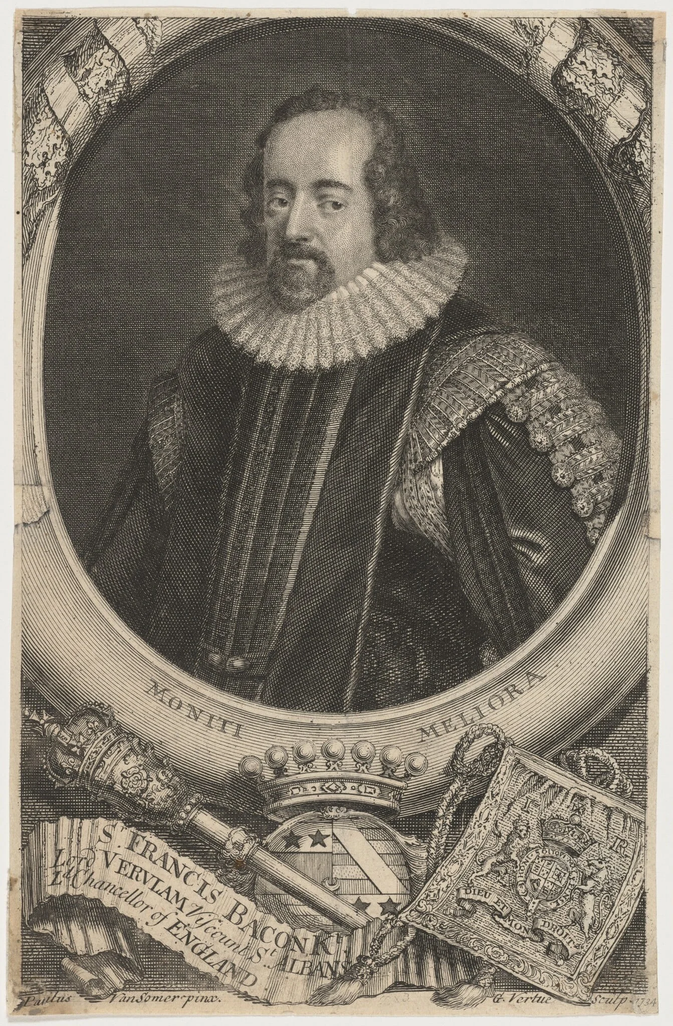 Francis Bacon, by George Vertue, ink, 1734