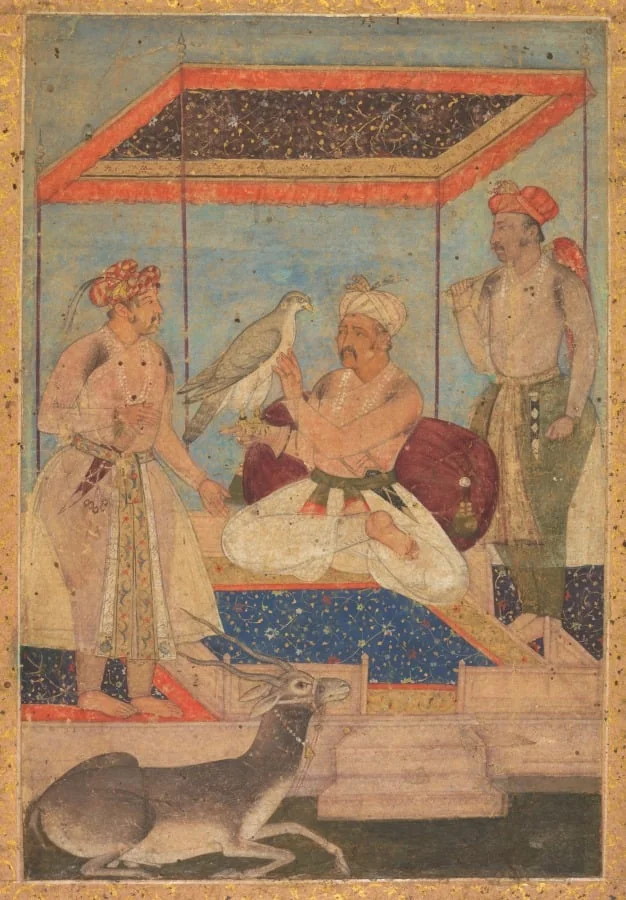 Akbar and Jahangir Examine a Ghir Falcon while Prince Khusrau Stands Behind, by Unknown, unspecified, 1603