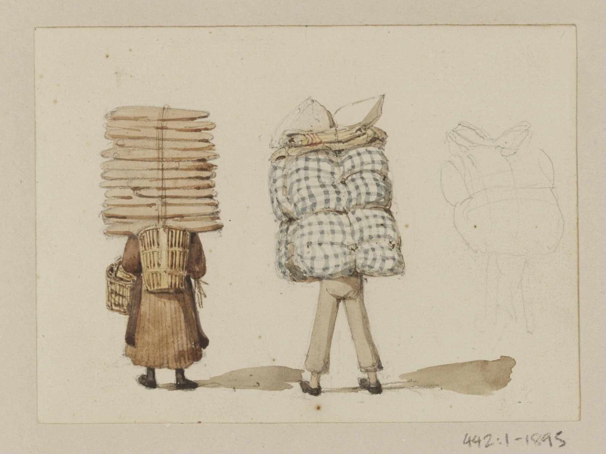 A man with bedding on his back and a woman carrying long loaves
