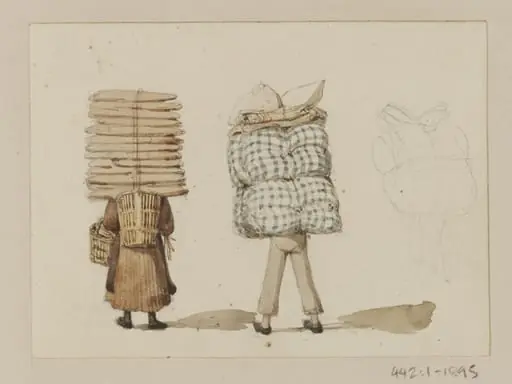 A man with bedding on his back and a woman carrying long loaves