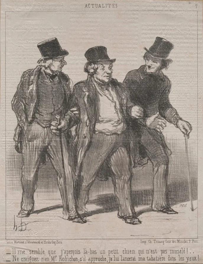 It seems to me that I notice a little dog there that is not muzzled!..., by Honoré Daumier, 1852