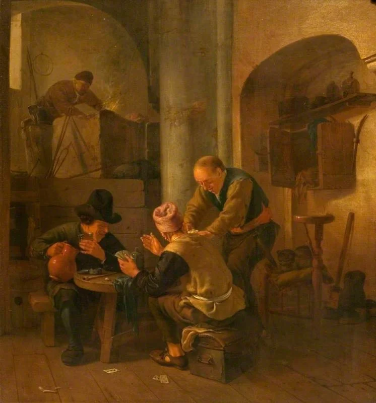 An Interior with Card Players and a Blacksmith, by Johannes Natus, oil, 1661