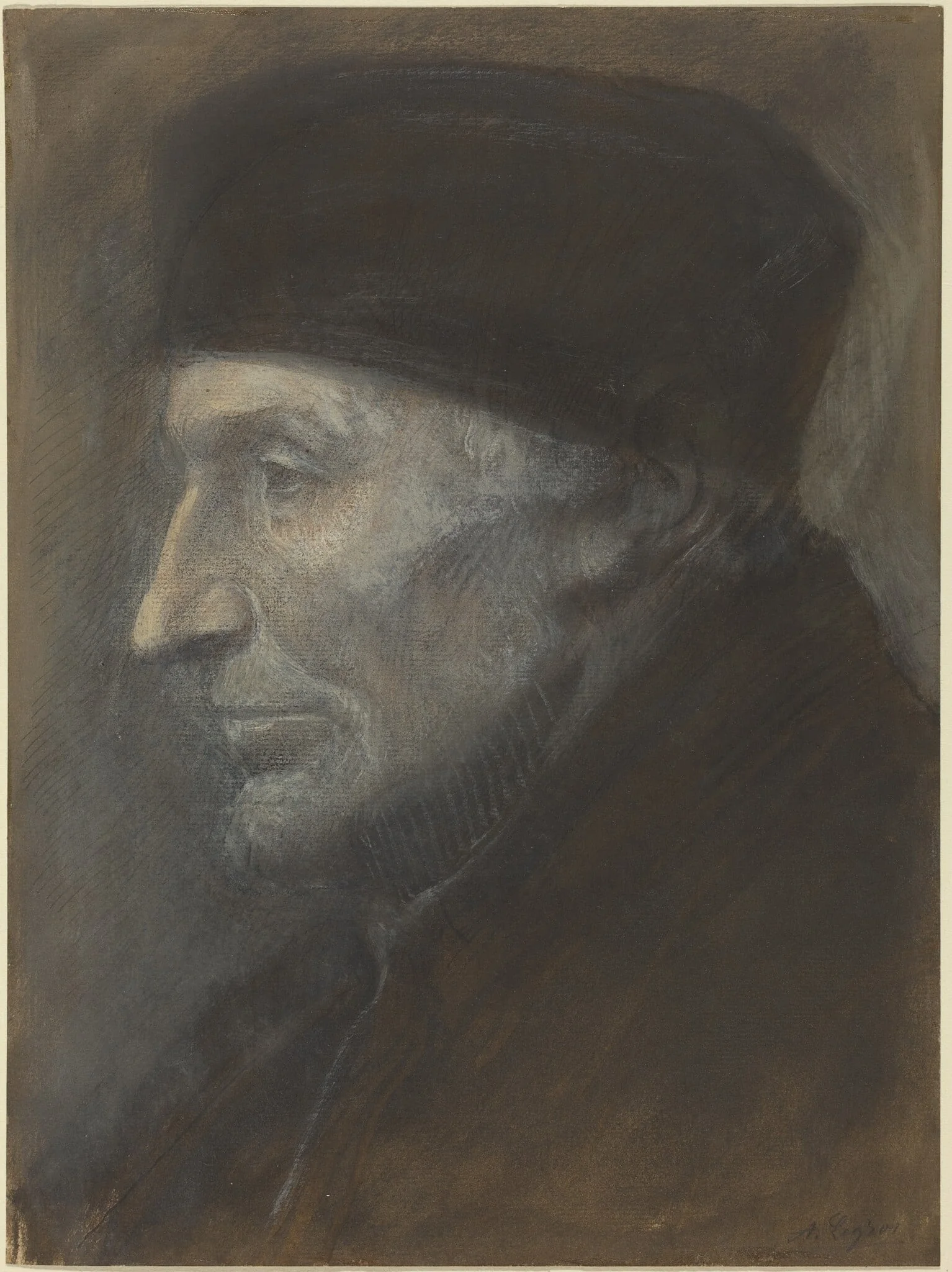 Head of a Man with a Skullcap, by Alphonse Legros, charcoal, 1874