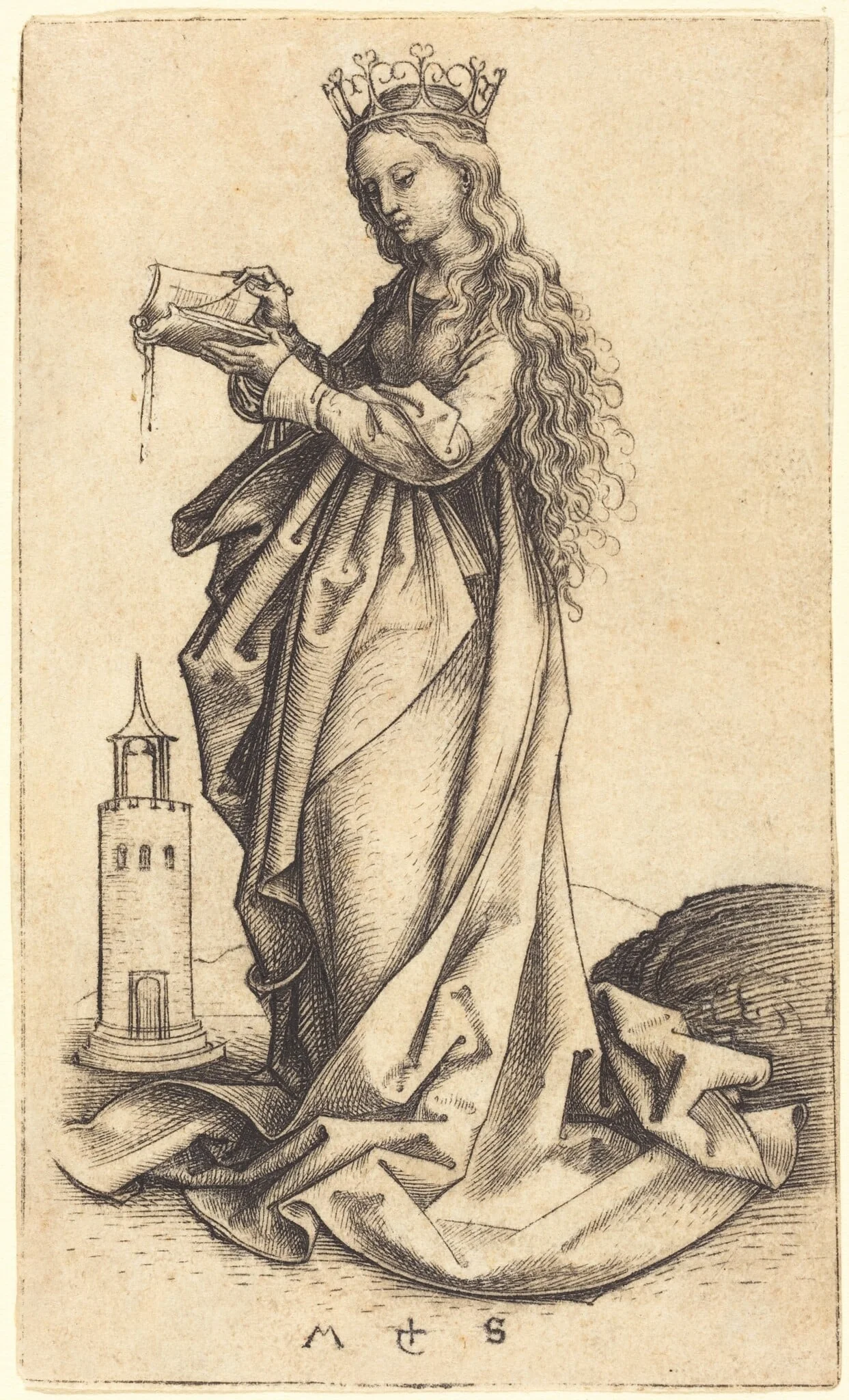 Saint Barbara, by Martin Schongauer, ink, 1485