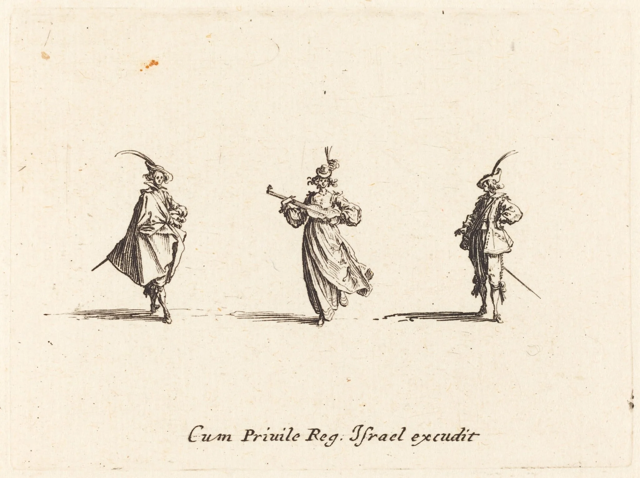Lady with String Instrument, and Two Gentlemen, by Jacques Callot, ink, 1634