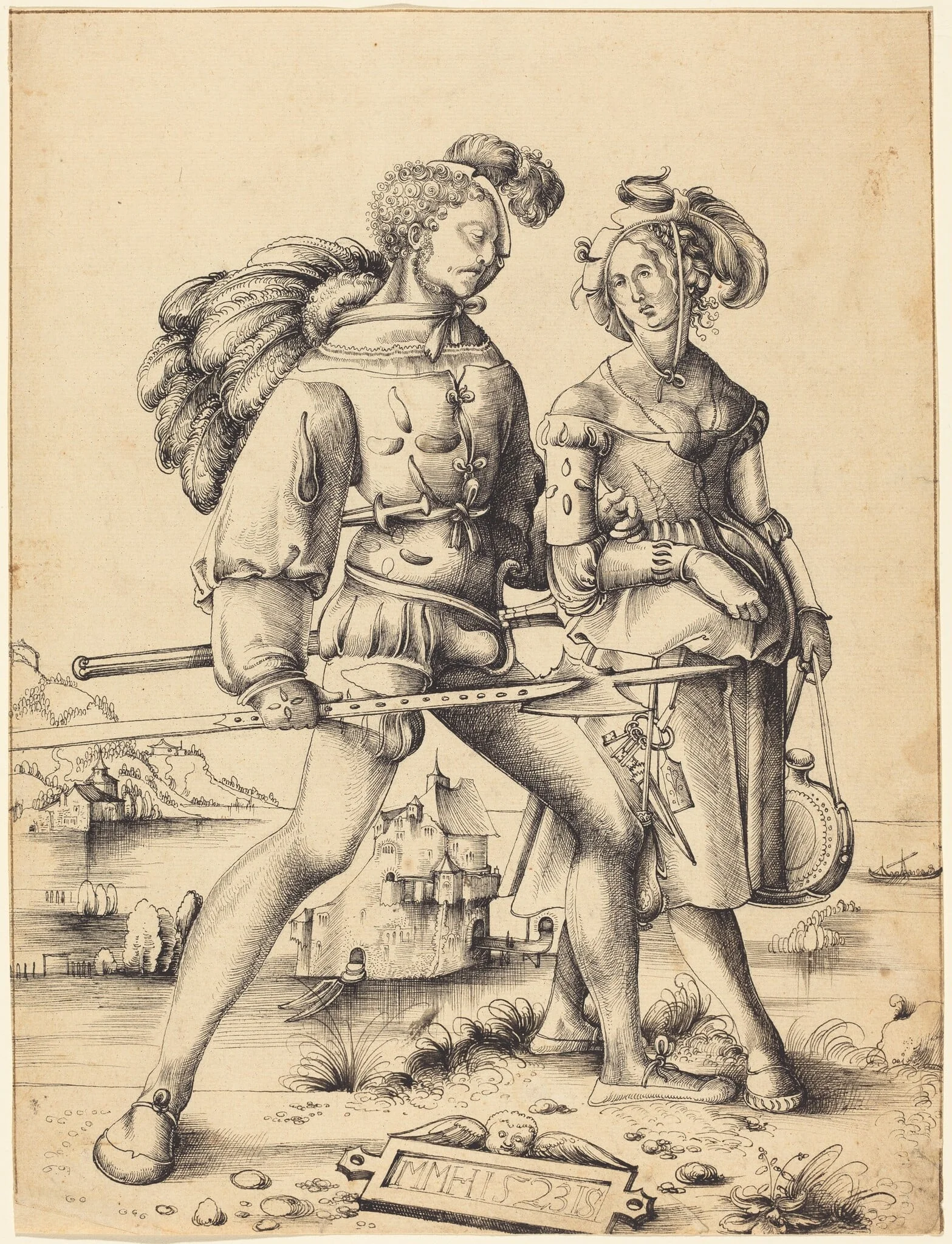 A Soldier Walking with a Camp Follower, by Urs Graf I, ink, 1523