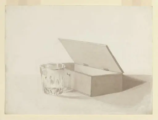 Drawing of a wooden box and glass tumbler