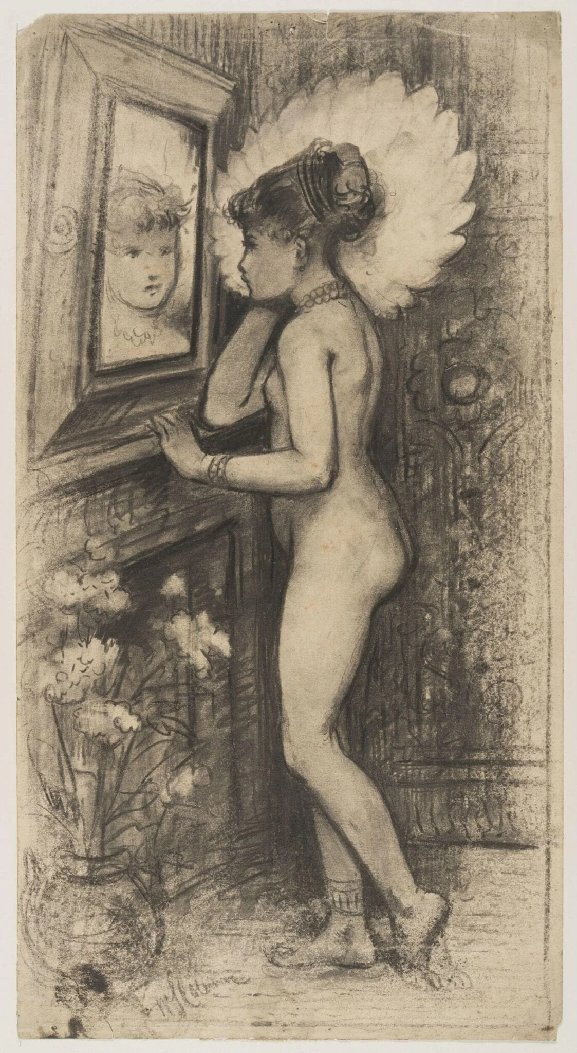Nude girl looking into a mirror above a fireplace, by Coleman, 1850