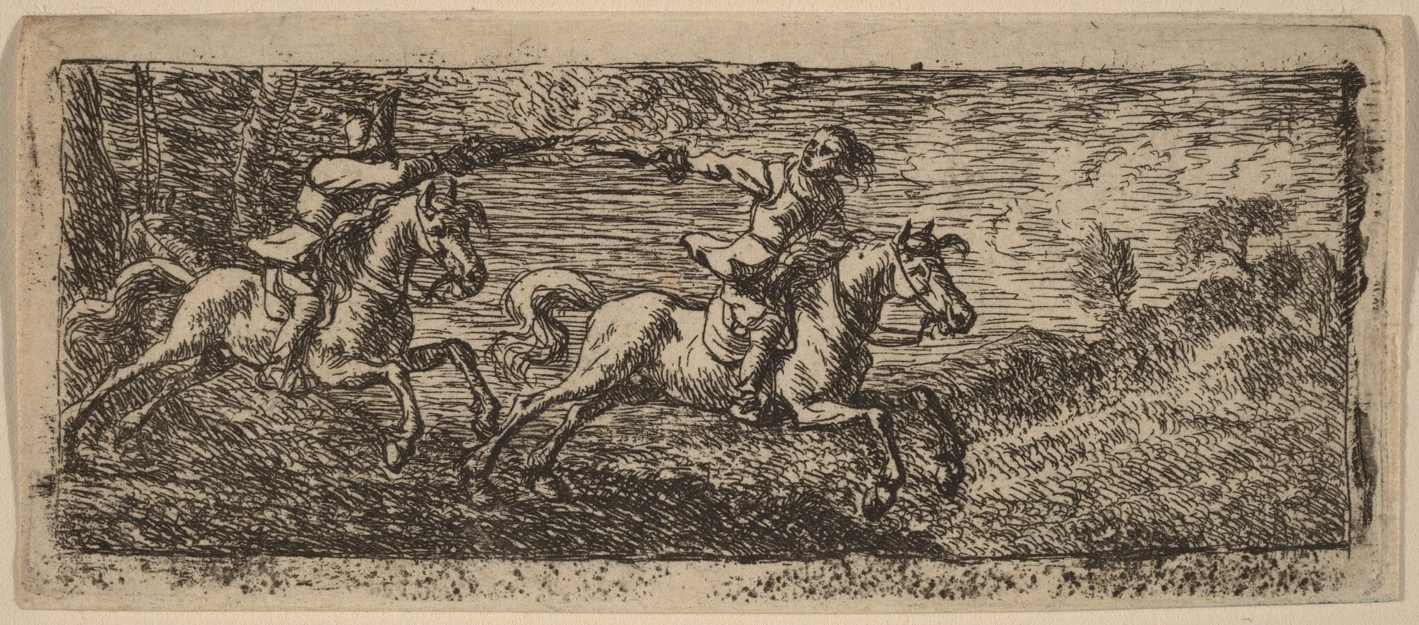 Two Horsemen Fighting, by Pieter van Laer, ink, 1700
