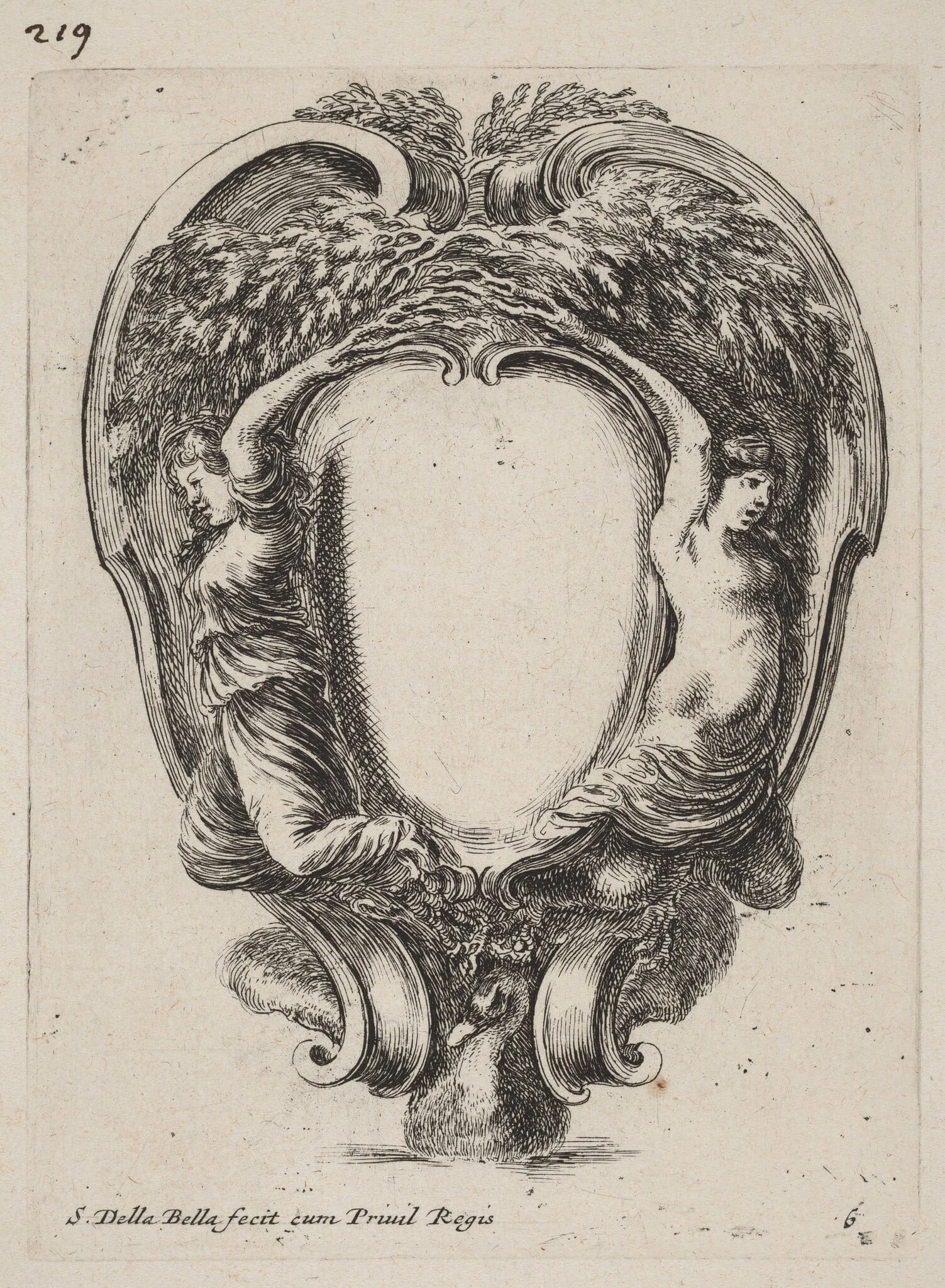 Cartouche with Two Nymphs Metamorphosed into Trees, by Stefano Della Bella, ink, 1647