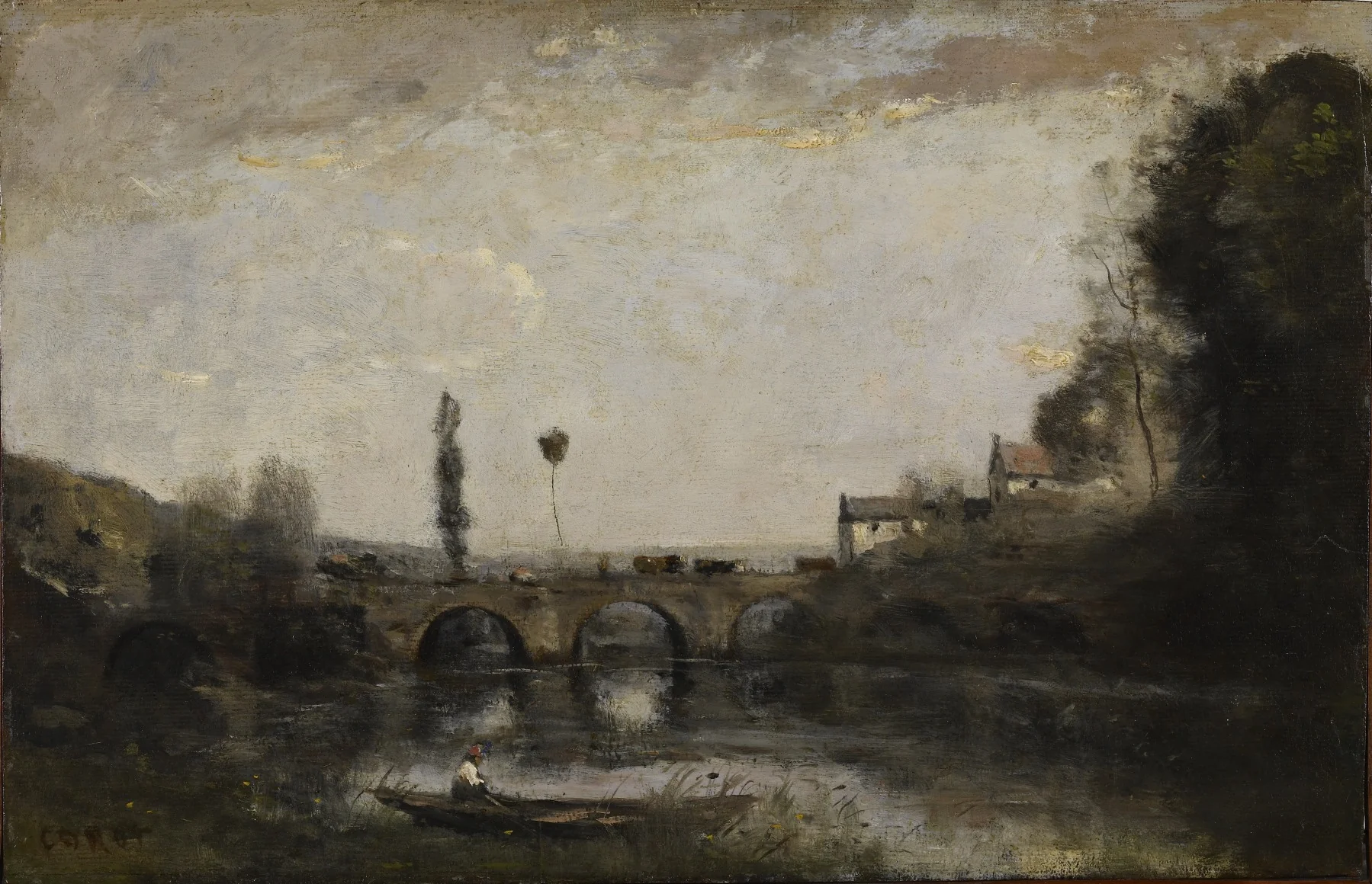 Landscape with Bridge, by Jean Baptiste Camille Corot, oil, 1865