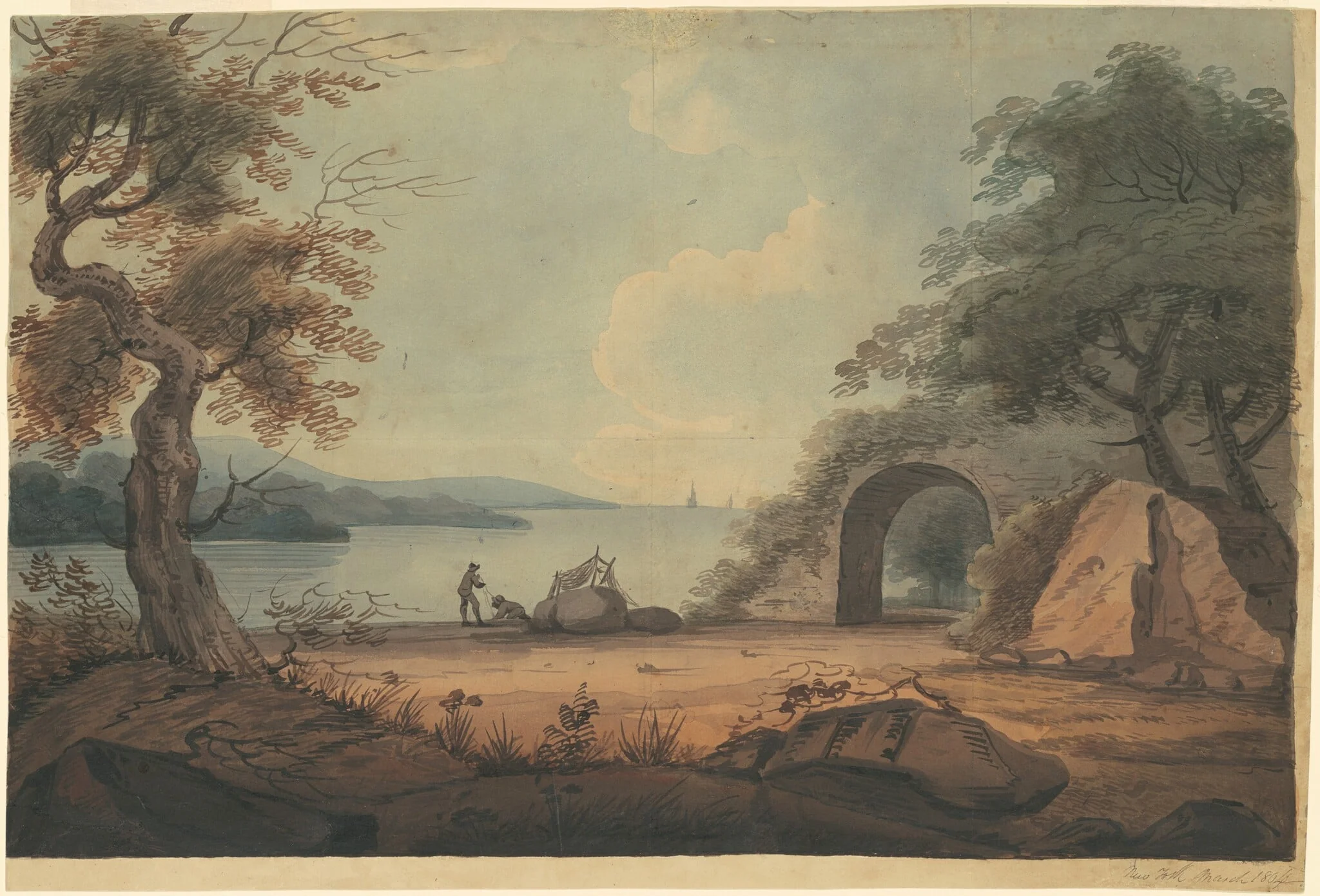 Mending Nets on the Hudson River, New York, by Archibald Robertson, graphite, 1804