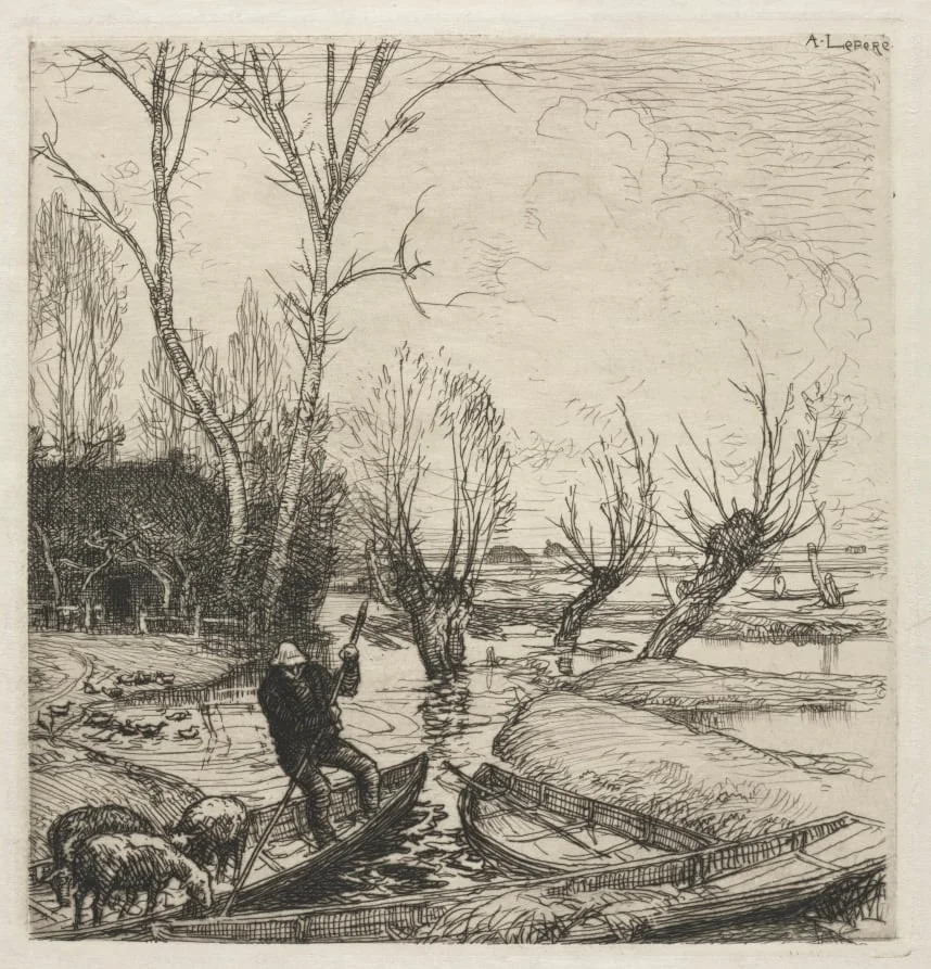 [Man in a Boat with Three Sheep], by Auguste Lepère, 1894