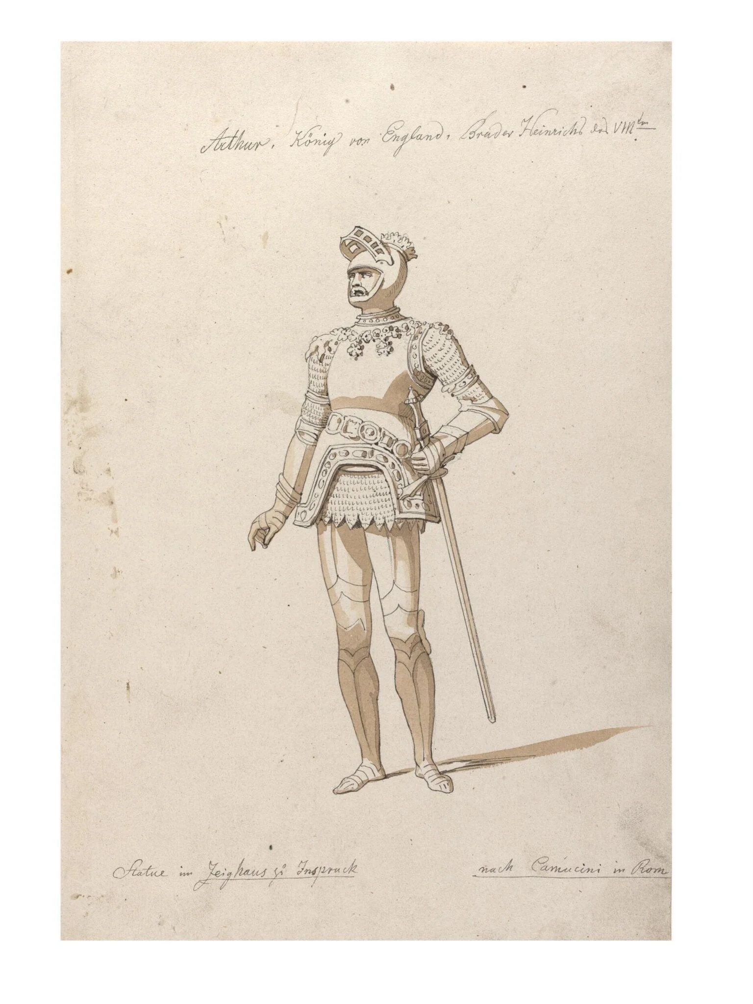 Anonymous drawing of the statue of King Arthur in the Hofkirche, Innsbruck.
