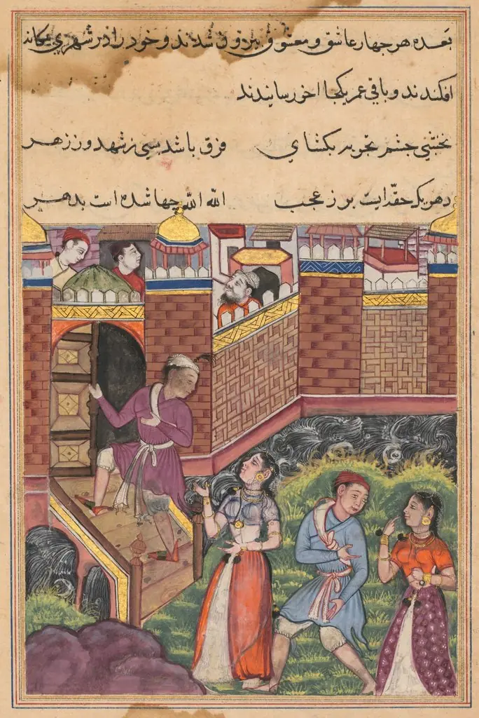 The two couples reach a foreign city where they make their home, from a Tuti-nama (Tales of a Parrot): Thirty-third Night