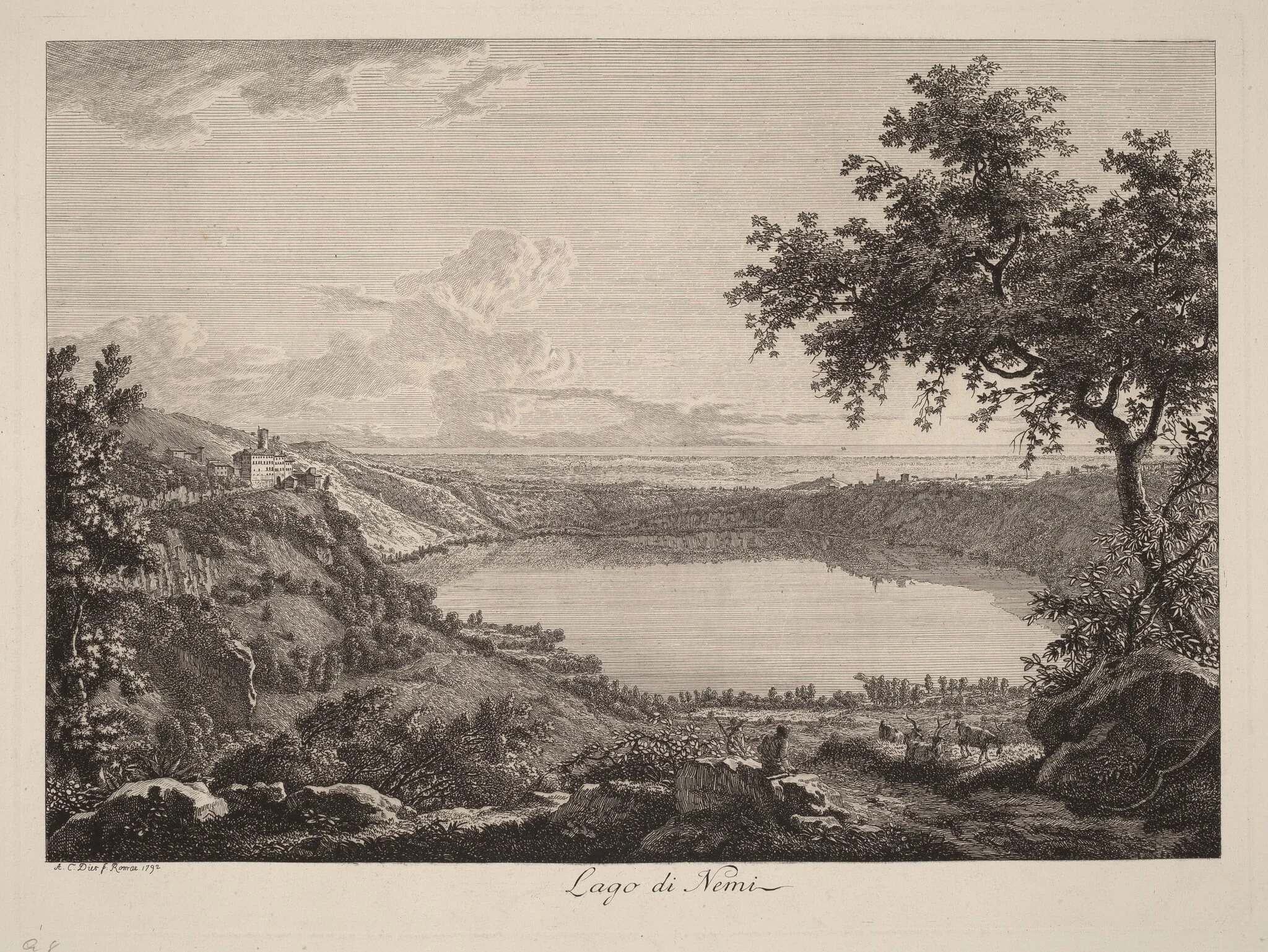 Lago di Nemi (Lake Nemi), by Albert Christoph Dies, ink, 1792
