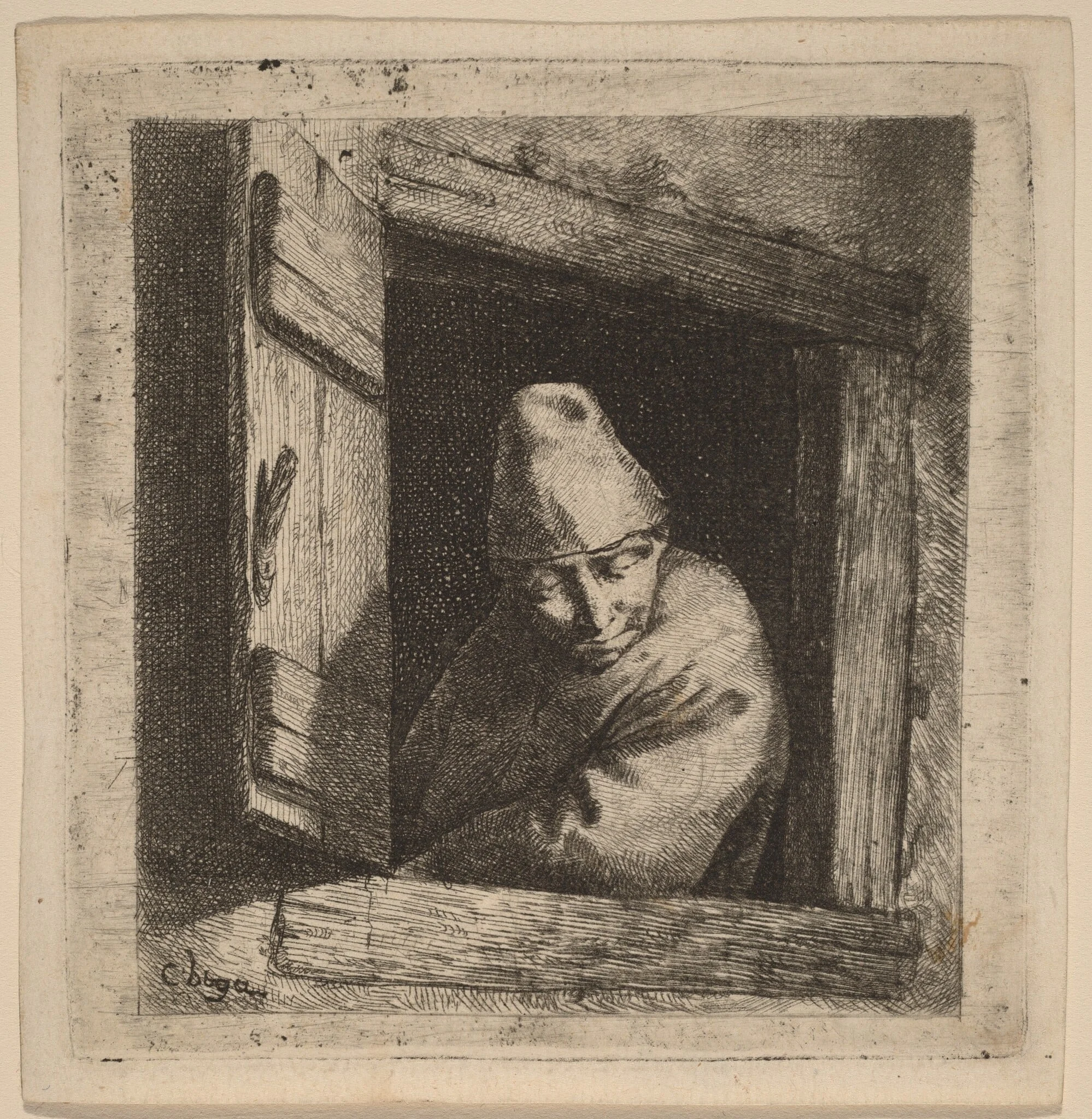 The Peasant in a Window, by Cornelis Pietersz Bega, ink, 1648