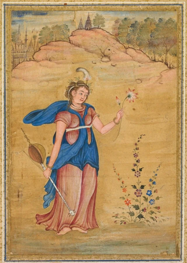A female figure standing in a landscape holding a four-stringed “khuuchir” and a lotus, by Unknown, unspecified, 1590