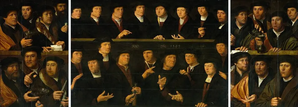 Triptych with guardsmen of the Amsterdam Kloveniersdoelen (headquarters of the arquebusiers’ civic guard)